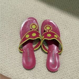 Jack Rogers Jelly Pink and Green Thong Sandals with Medallion Accents